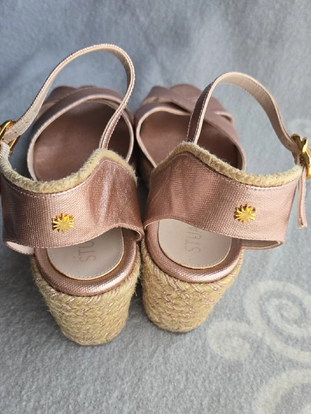 Stuart Weitzman Rose Gold Metallic Espadrille Wedge Sandals